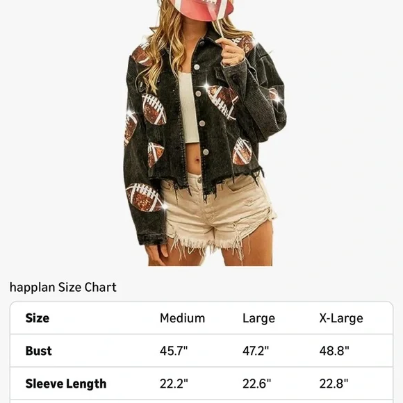 Football Sequin Embroidery Cropped Frayed Hem Corduroy Jacket - Picture 5 of 5